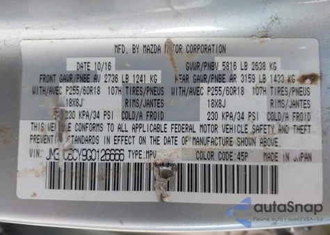 2016 Mazda Cx-9 Touring from USA, damaged, VIN JM3TCBCY9G0126666